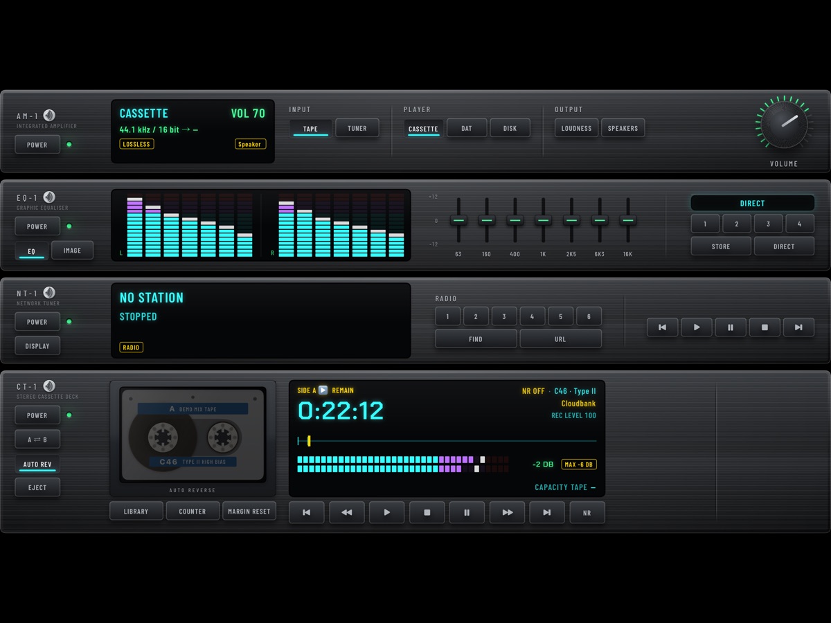 The rack on an iPad: amplifier, graphic equaliser, network tuner and a cassette deck with a tape in the bay